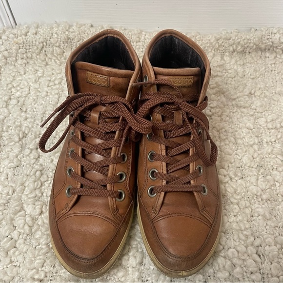 Ecco Brown Tan Leather High Top Sneakers 7.5 - Picture 2 of 8
